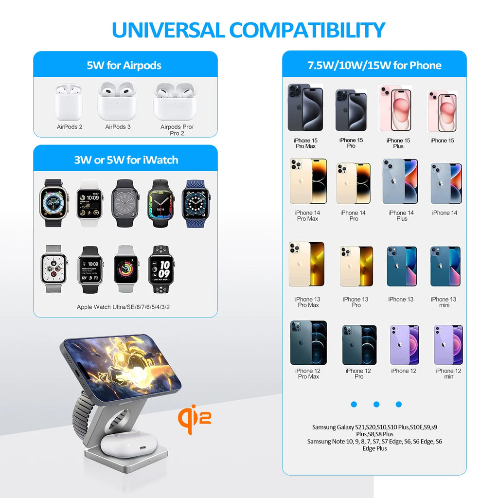 Premium Qi2 3 in 1 Magnetic Wireless Charger Stand