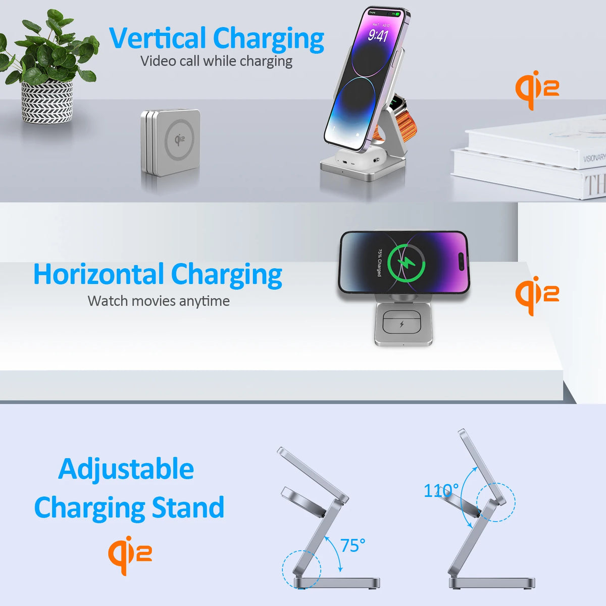 Premium Qi2 3 in 1 Magnetic Wireless Charger Stand