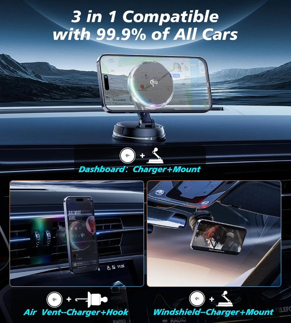 Premium Qi2 Magnetic Wireless Car Mount Charger with Cooling Fan