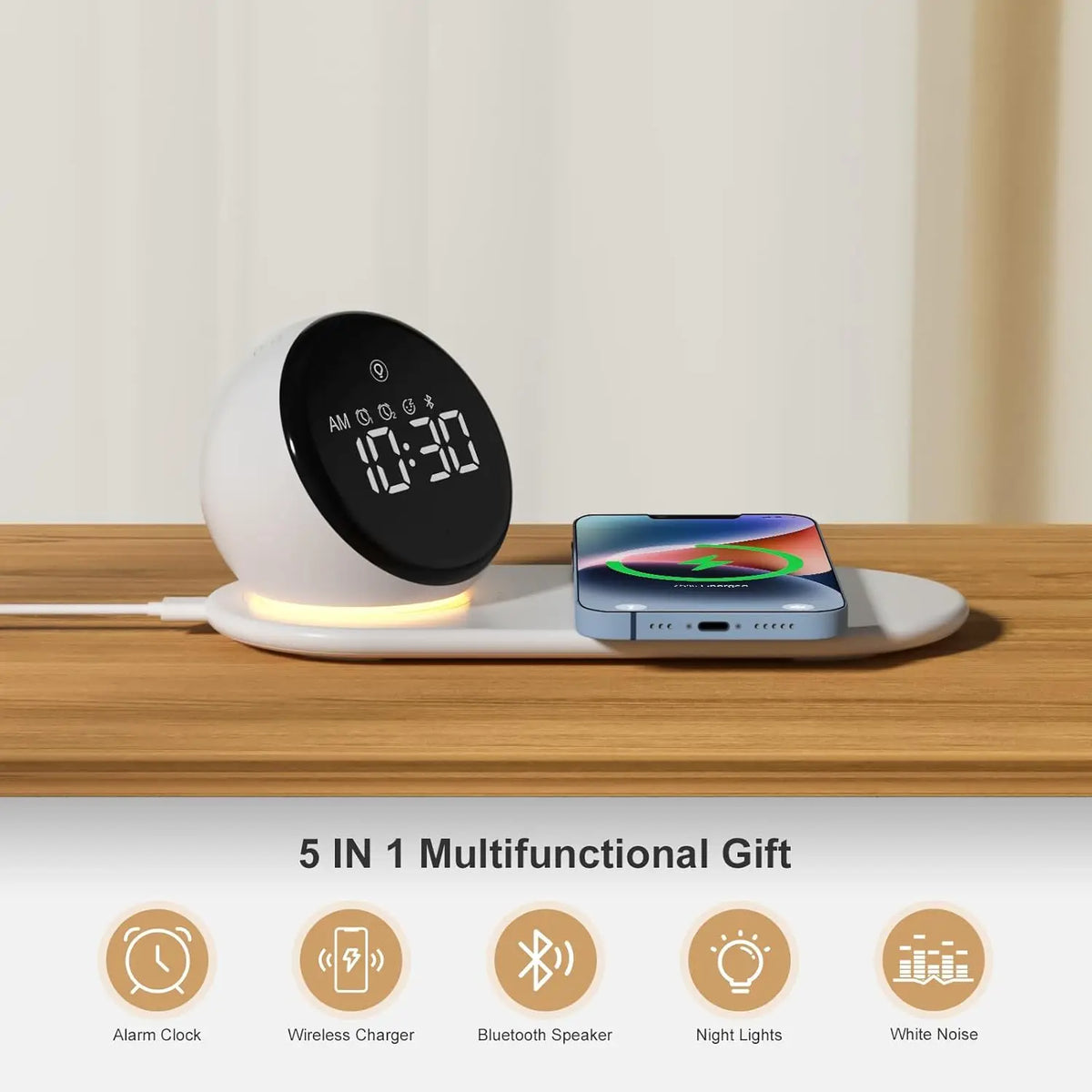 Reloj despertador con carga inalámbrica premium y luz nocturna