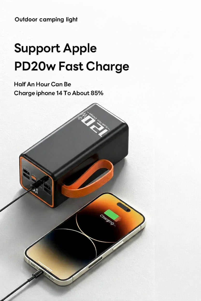 Batería externa prémium de alta potencia con cable integrado para portátil y iPhone
