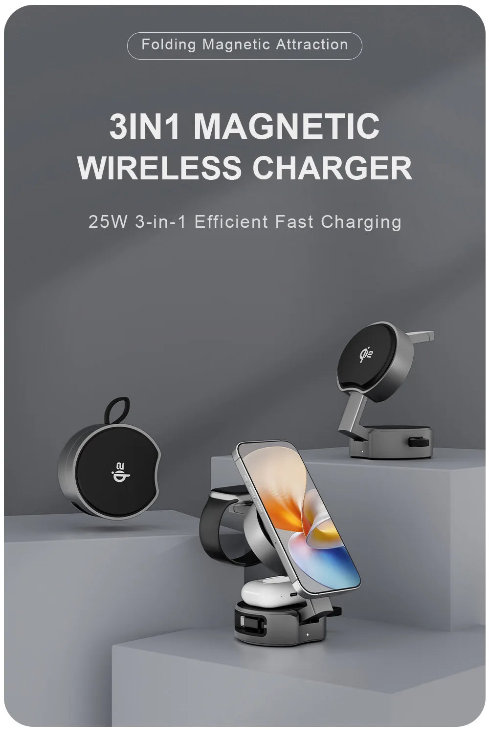 Premium Qi2 3 in 1 Foldable Magnetic Wireless Charger Stand
