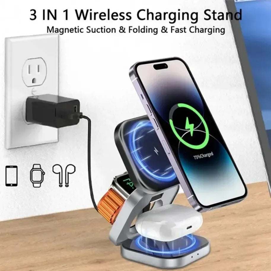 Cargador inalámbrico magnético plegable 3 en 1 prémium
