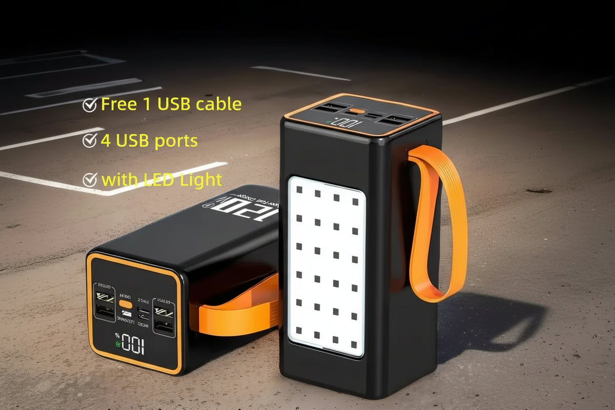 Batería externa prémium de alta potencia con cable integrado para portátil y iPhone