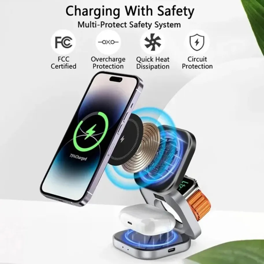 Cargador inalámbrico magnético plegable 3 en 1 prémium