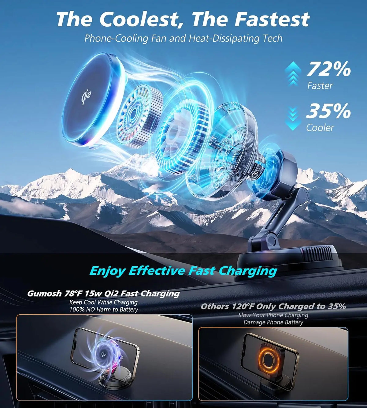 Cargador inalámbrico magnético para coche Qi2 Premium con ventilador de refrigeración