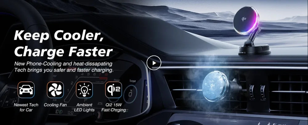 Premium Qi2 Magnetic Wireless Car Mount Charger with Cooling Fan