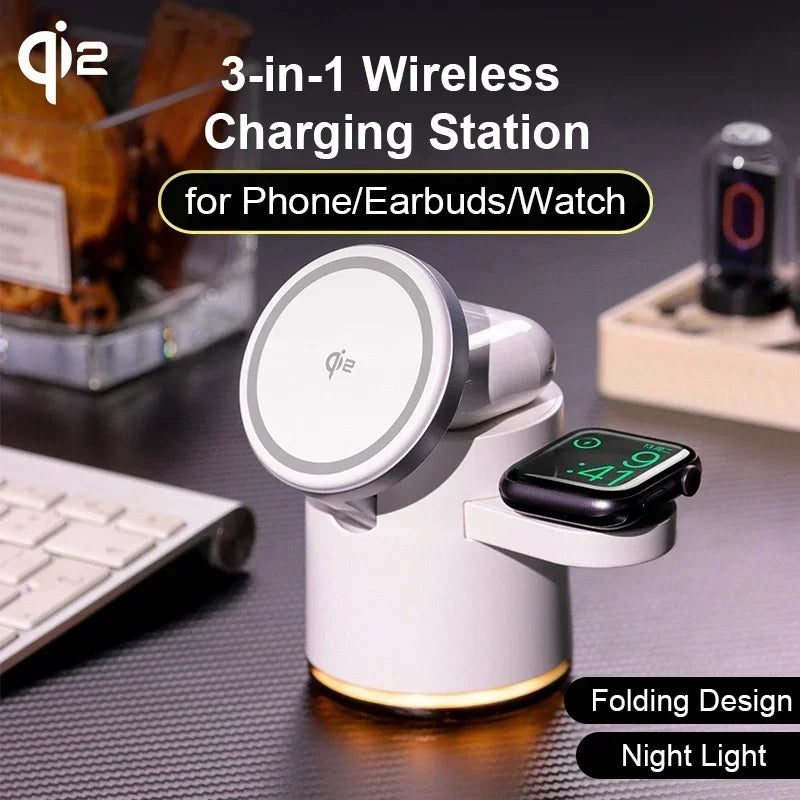3-in-1 wireless charging station with phone, earbuds, and watch on a desk.