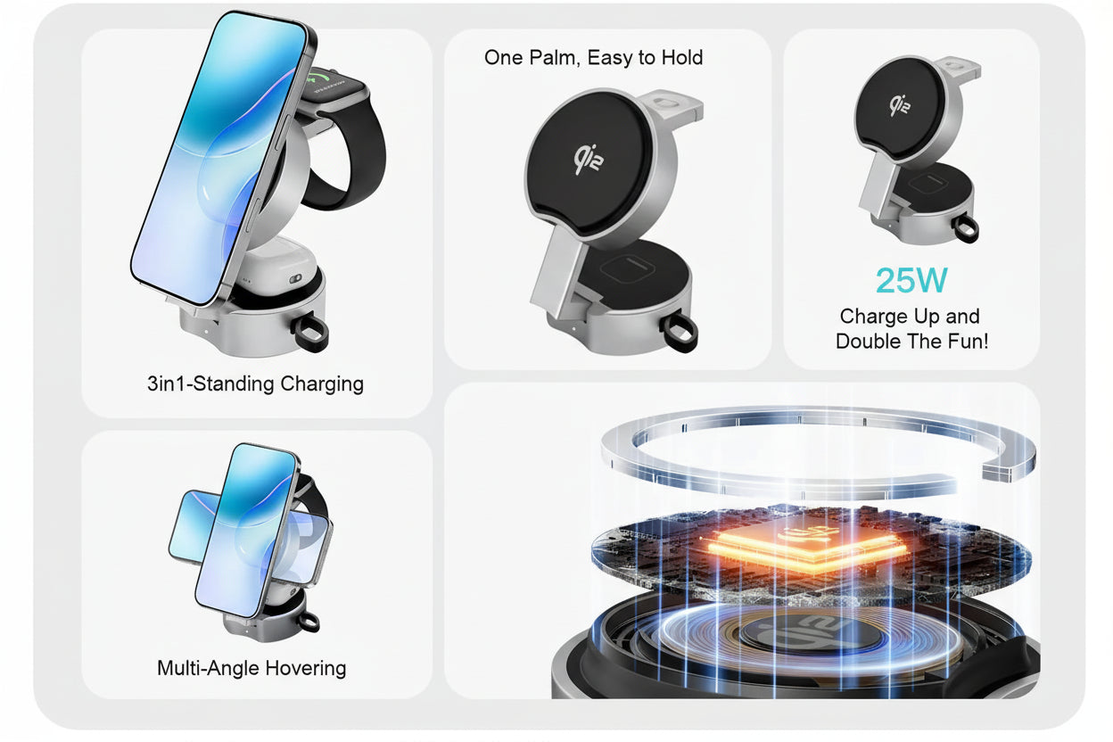 Premium Qi2 3 in 1 Foldable Magnetic Wireless Charger Stand