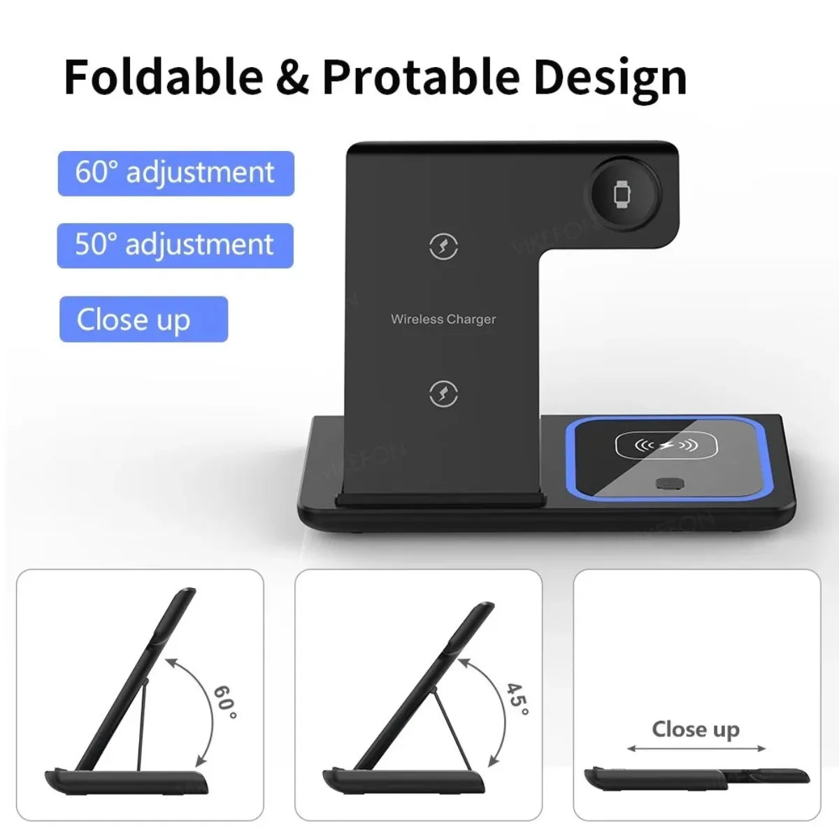 Soporte de carga inalámbrico plegable 3 en 1 prémium para viajes