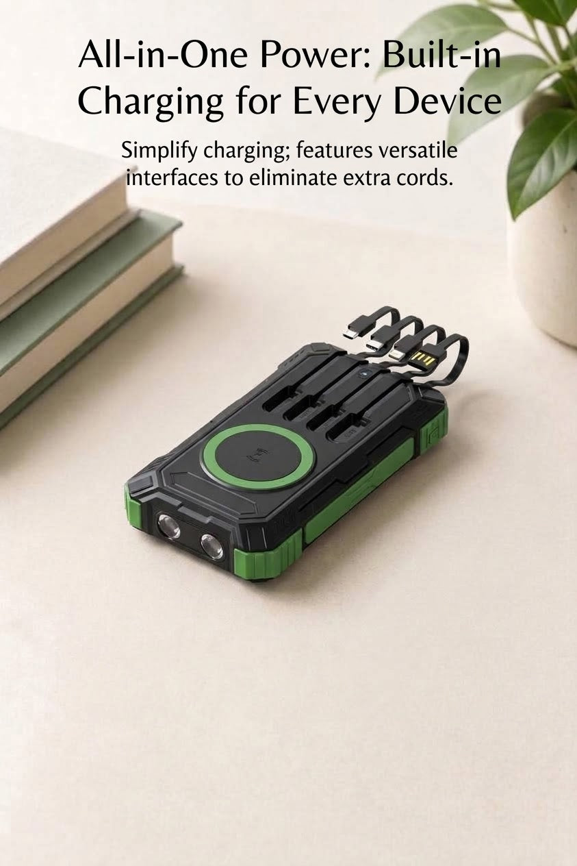 Cargador solar premium con 4 cables integrados y carga rápida para camping