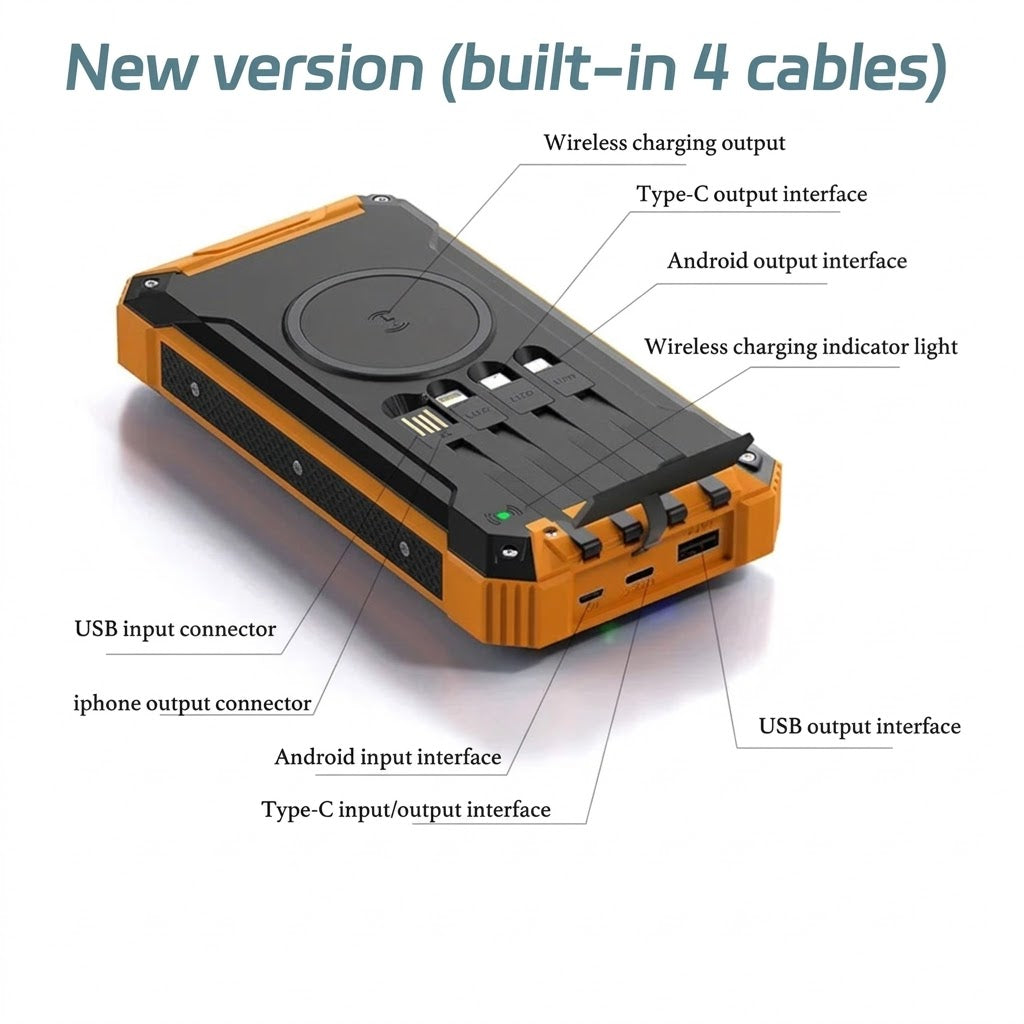Cargador solar premium con 4 cables integrados y carga rápida para camping