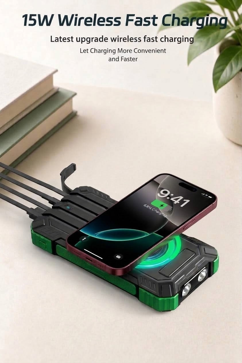 Cargador solar premium con 4 cables integrados y carga rápida para camping