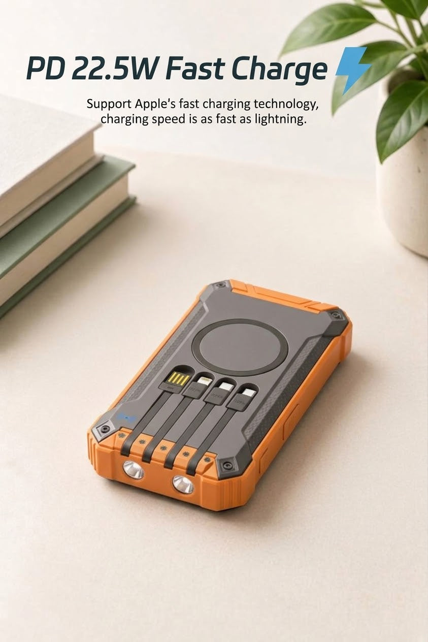 Cargador solar premium con 4 cables integrados y carga rápida para camping