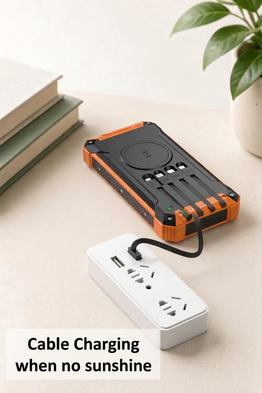 Cargador solar premium con 4 cables integrados y carga rápida para camping