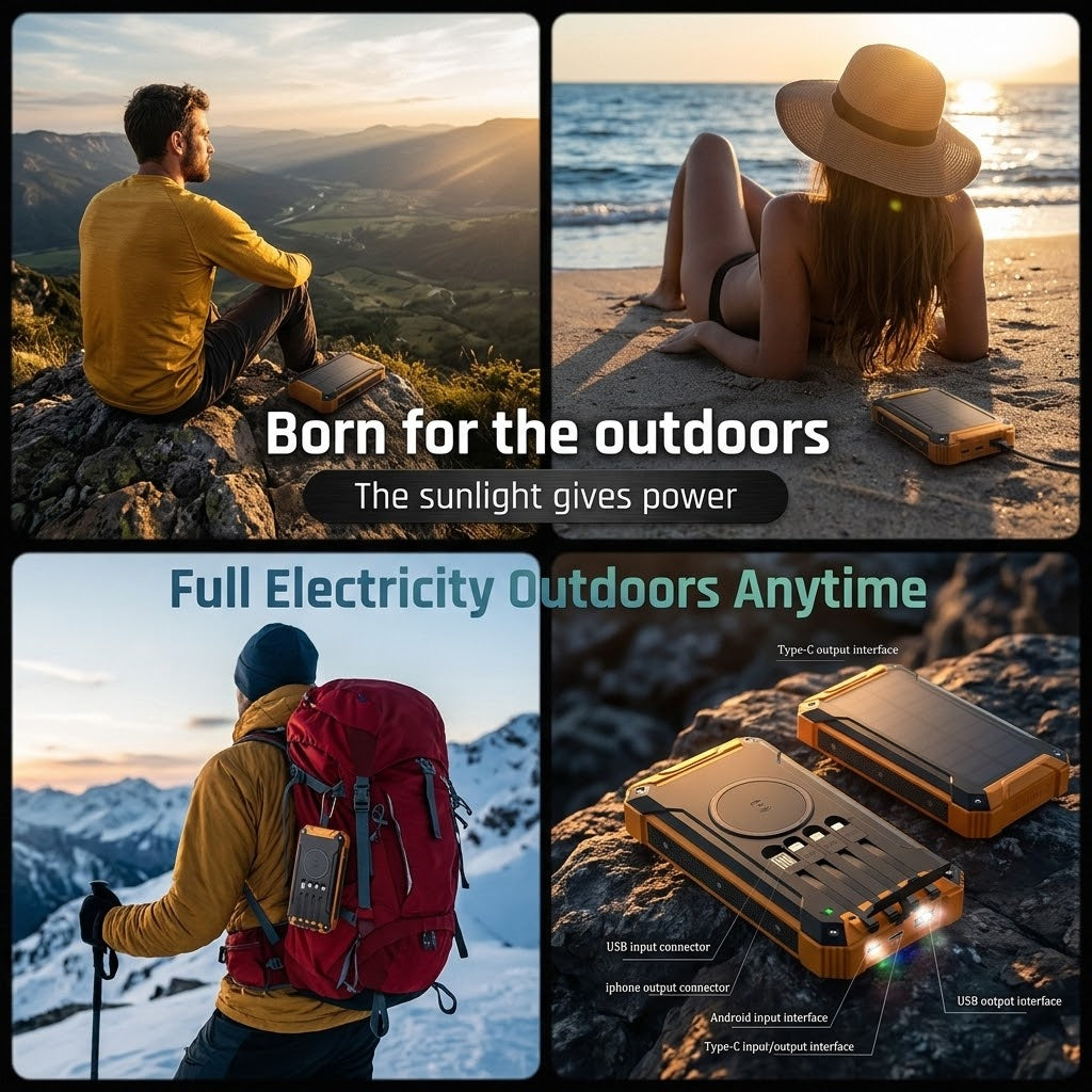 Cargador solar premium con 4 cables integrados y carga rápida para camping